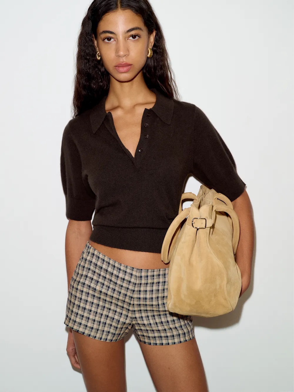Reformation Cropped Polo Knit Top In Dark Brown